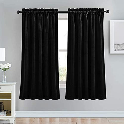 RYB HOME Black Velvet Curtains 63 inches Long - Super Soft Light Heat Block Blackout Small Window Treatment Panels for Bedroom Living Room Dining Backdrop, W 52 x L 63 inch, 2 Panels - color: Black, size: 52"W x 63"L (Pack of 2)