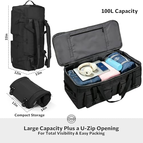 STOVER 45/80/100L U-Zip Rolling Duffel Bag with Wheels, X-Large Durable Travel Duffle + Toiletry Bag, Lay-Flat Opening, Packable w/Shoulder Straps- Use as Luggage or Backpack, Men/Women (Black) - color: U-Zip Voyager Black