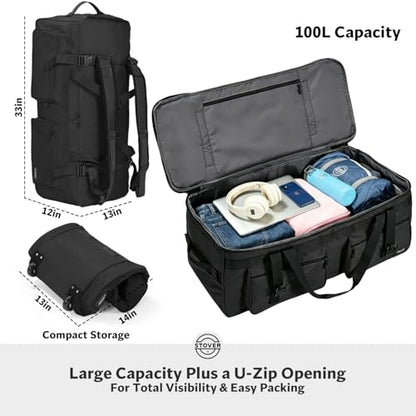 STOVER 45/80/100L U-Zip Rolling Duffel Bag with Wheels, X-Large Durable Travel Duffle + Toiletry Bag, Lay-Flat Opening, Packable w/Shoulder Straps- Use as Luggage or Backpack, Men/Women (Black) - color: U-Zip Voyager Black