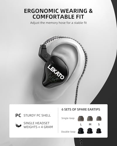 LEKATO H5 Headphones In Ear Monitors Hybrid Hifi IEM Earphones for Musicians Singers Detachable 2Pin Cable 1BA+1DD Wired Gaming Earbuds Professional Deep Bass Sound Isolating (Without Mic, Clear Dark)