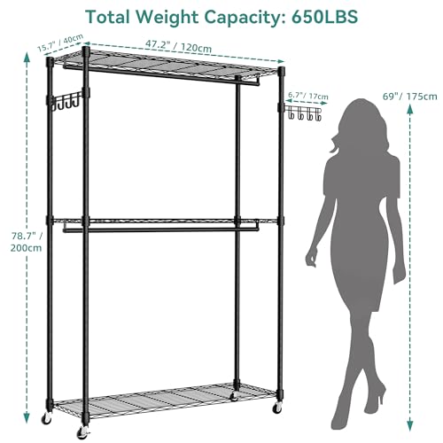 Heavy Duty Rolling Wheels Portable Metal Garment Rack, | 3 Tiers Wire Shelves Adjustable Freestanding Clothing Rack with Lockable Wheels, 47.2''L x 15.8''W x 78.8''H, Max Load 650LBS - color: Black, size: A2W: 3 Tiers with 2 Rods,47''L x 16''W x 79''H