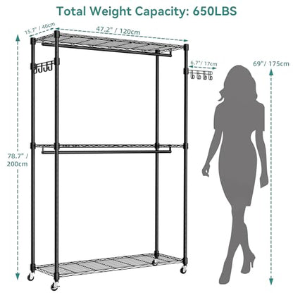 Heavy Duty Rolling Wheels Portable Metal Garment Rack, | 3 Tiers Wire Shelves Adjustable Freestanding Clothing Rack with Lockable Wheels, 47.2''L x 15.8''W x 78.8''H, Max Load 650LBS - color: Black, size: A2W: 3 Tiers with 2 Rods,47''L x 16''W x 79''H