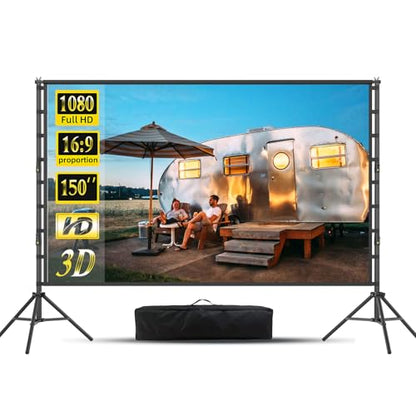 Outdoor Projector Screen and Stand,150-inch Indoor Portable Projection Screen,16:9 4K HD Wrinkle-Free Rear Front Movie Screen with Carry Bag for Backyard Movie Night RVing Home Theater