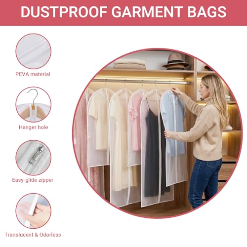 6 Pack Translucent Suit Garment Bag with Zipper 24" x 55" | Frosted PE Hanging Garment Covers, Dust-Proof Clothes Protector Bag for Travel, Dance Costumes, Dresses, Suits - Clear View - size: 24 × 55 in