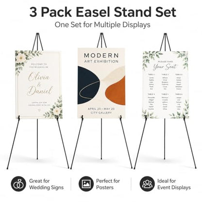 3 Pack Easel Stand for Sign, 63 Inch Portable Display Easel Stand, Black Metal Floor Easel for Wedding Welcome Sign, Poster Board, Party, Presentation, Event Display with Storage Bags