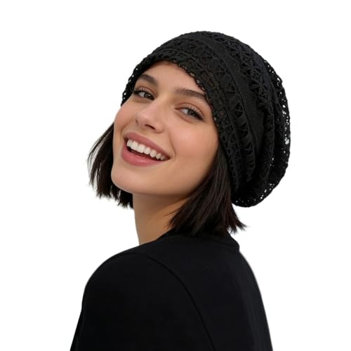 Crochet Slouchy Beanie Hat Handmade Knit Slouchy Floral Skull Hat Cutout Hats for Women Lightweight Knitted - color: G-black