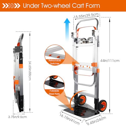 3 in 1 Folding Hand Truck Dolly Cart with Wheels Foldable Heavy Duty Moving Cart Aluminum Collapsible Hand Cart 600LBS Convertible Dolly for Moving Furniture Shopping Home Office Warehouse