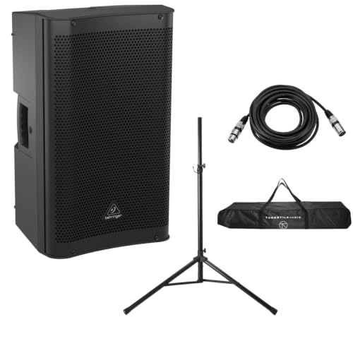 Behringer DR112DSP Active 1200W 12" PA Speaker System with DSP & 2-Ch Mixer, Bundle with Turnstile Audio Speaker Stand, XLR M to F Cable 25'