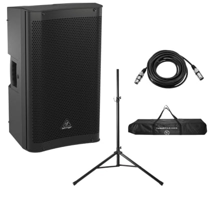 Behringer DR112DSP Active 1200W 12" PA Speaker System with DSP & 2-Ch Mixer, Bundle with Turnstile Audio Speaker Stand, XLR M to F Cable 25'