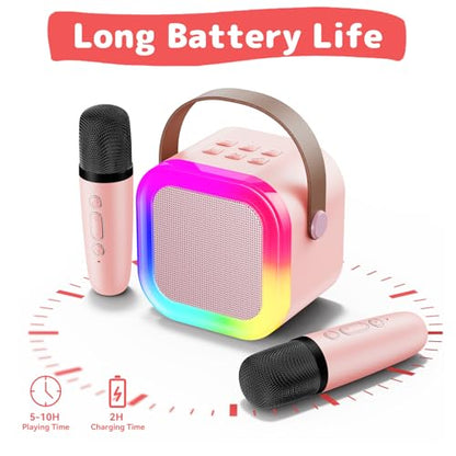 Karaoke Machine for Kids Adults, Mini Karaoke Machine with 2 Wireless Microphones, Portable Bluetooth Speaker with Voice Changing Effects & LED Lights, Best Gifts Toys for Girls and Boys - color: Pink