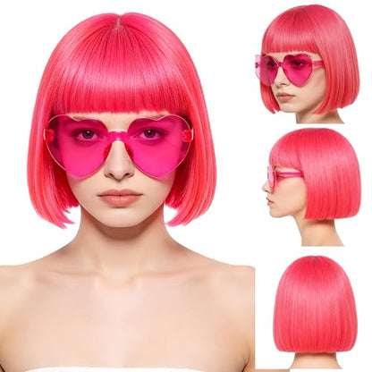 Short Bob Straight Hair Wigs with Bangs, Heat Resistant Fiber Hair, Heart-shaped Glasses for Women (Hot Pink) - color: Hot Pink