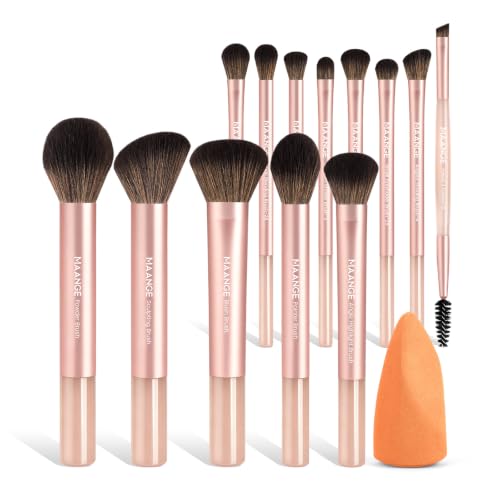 MAANGE 13 Pcs Makeup Brush Set, Premium Synthetic Makeup Brushes Kit for Foundation, Powder, Blush, Contour & Eyeshadow Makeup Tools with Beauty Sponge (Titanium Gold) - color: Titanium Gold