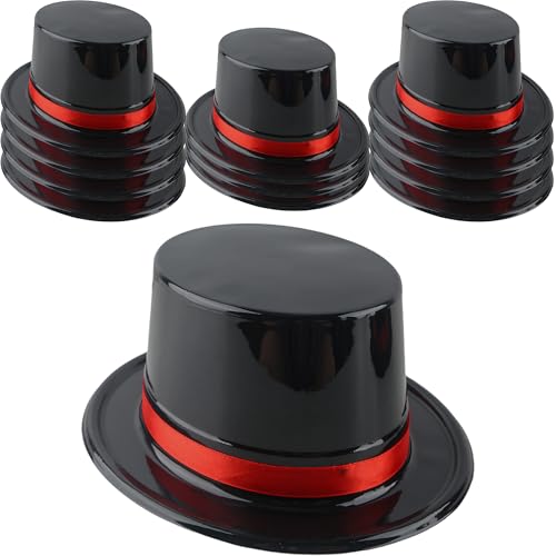 12 Pack Adults Top Hats Bulk Black Glitter Top Hat with Red Band Plastic Magician Hat for Men Women Dress Up Supply - color: Color Style 3 ( Pvc Glossy )