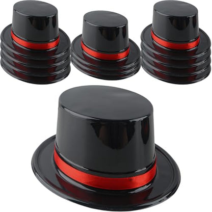 12 Pack Adults Top Hats Bulk Black Glitter Top Hat with Red Band Plastic Magician Hat for Men Women Dress Up Supply - color: Color Style 3 ( Pvc Glossy )