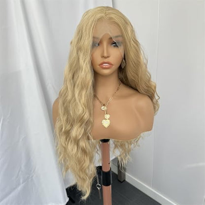 RDY Ash Blonde Long Body Wave Lace Front Synthetic Wig 24inch Mix Blonde Loose Wavy Lace Front Wigs for Women Heat Fiber Hair Half Hand Tied Cosplay Daily Use Wig - color: Ash Blonde