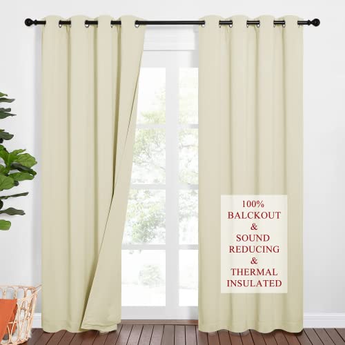 NICETOWN Sound Barrier 100% Blackout Divider Curtains 84", Noise, Heat and Cold Blocking Drapes with Felt Fabric Lining for Noise Reducing/Nursery/Daytime Sleep/Bedroom (Beige, 2 PCs, 52" Wide) - color: Beige, size: 52"W x 84"L (Pack of 2)