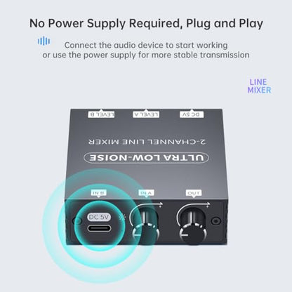 2 Channel Stereo Audio Mixer, 3.5mm Mini Audio Mixer Line Mixer, Low-Noise DC 5V Support Music Creation, Sub Mixing, Live Broadcast, As Guitars, Bass, Keyboards Mixer