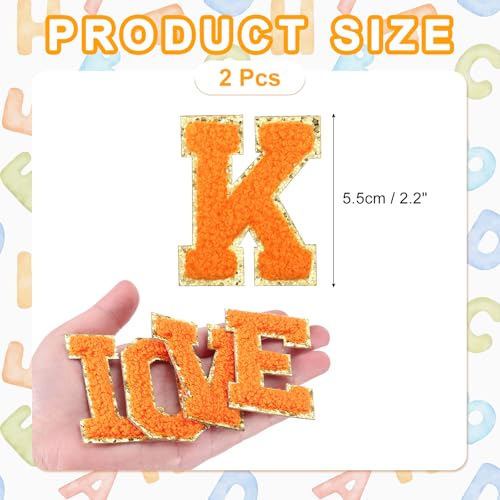MECCANIXITY Chenille Letter Patches 2.2" Self Adhesive Alphabet K Stick on Embroidered Patch Sew on Letter Stickers Applique for Repairing Clothing Jeans Shoes Hats DIY(Orange, Pack of 2) - style: Letter-K