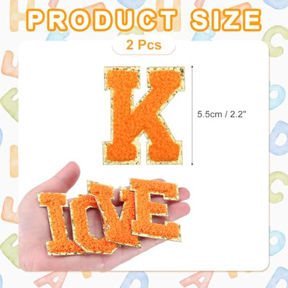 MECCANIXITY Chenille Letter Patches 2.2" Self Adhesive Alphabet K Stick on Embroidered Patch Sew on Letter Stickers Applique for Repairing Clothing Jeans Shoes Hats DIY(Orange, Pack of 2) - style: Letter-K