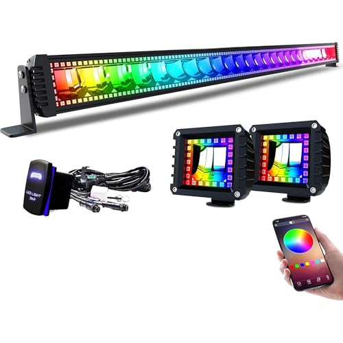 Lpteso RGBW LED Light Bar 52'' inch 300W Flood Spot Combo Beam 2PCS 4 Inch 18W Flood RGB LED Pods with 16 Solid Colors Chasing RGB Halo Ring Changing with Strobe Flashing with Rocker Switch Wiring - size: 52Inch RGB Straight LED Light Bar