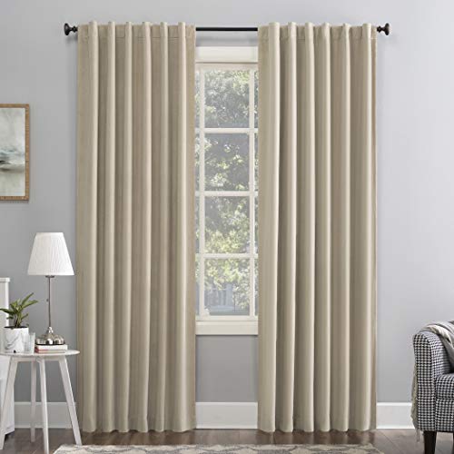 Sun Zero Hampshire Velvet Noise Reducing Thermal Extreme 100% Total Blackout Back Tab/Rod Pocket Curtain Panel, Ecru Off-White, 50"W x 84"L (1 Panel) - color: Ecru Off-white, size: 50"W x 84"L (Pack of 1)