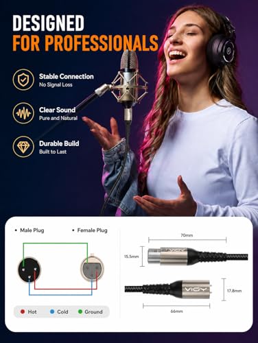 VIOY XLR Microphone Cable 6.6 FT, 3-Pin Male to Female Balanced Mic Cord | Self-locking XLR plug, aluminum alloy shell,Braided microphone extension cord for studio recording, mixer and podcast use - size: 6.6FT