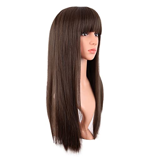 MapofBeauty 24 Inch Long Straight Flat Bangs Party Cosplay Wig, Brown | 60 cm Synthetic Hair Wig, Heat Resistant, Women - color: Brown