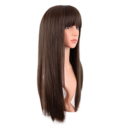 MapofBeauty 24 Inch Long Straight Flat Bangs Party Cosplay Wig, Brown | 60 cm Synthetic Hair Wig, Heat Resistant, Women - color: Brown
