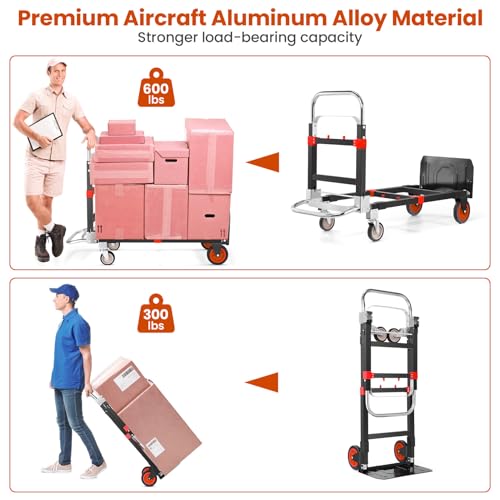 3-in-1 Folding Hand Truck, 600lb Convertible 4 to 2 Wheel Dolly Cart Red | For home office warehouse garage farm gym, carbon steel frame, base expands 35-44in, swivel rubber wheels, folds flat - color: Red-1