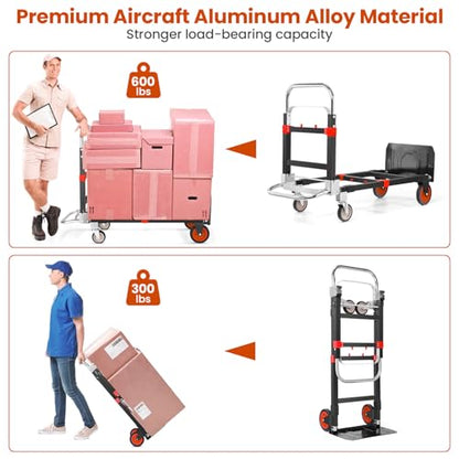 3-in-1 Folding Hand Truck, 600lb Convertible 4 to 2 Wheel Dolly Cart Red - color: Red-1