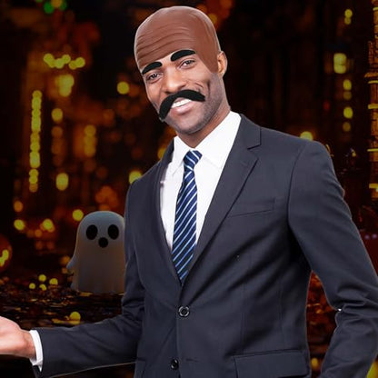 4 Pcs Halloween Costume Accessories Include Brown Bald Cap,Stripe Tie,Cap Net,Mustache Eyebrows for Men Women Party Dress Up