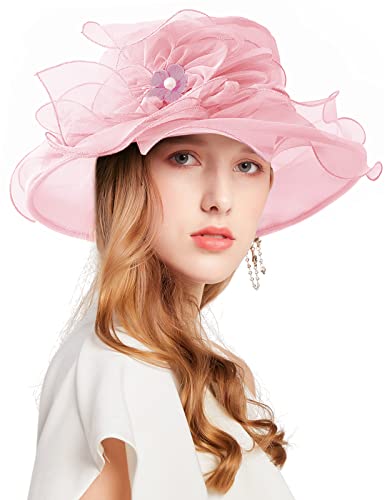Women Derby Fascinator Hat Organza Church Wedding Hats Wide Brim Cocktail Tea Party Hat - color: 07 Light Pink