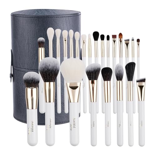 Makeup Brush Set (24 Pieces) - Includes Foundation, Powder, Concealers, Highlighter, Contour, Eye Shadows & Blush Brushes - Face & Eye Make Up Brushes with Soft Bristles - Leather Case Included - color: White, size: 24 Pieces
