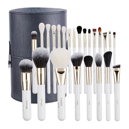 Makeup Brush Set (24 Pieces) - Includes Foundation, Powder, Concealers, Highlighter, Contour, Eye Shadows & Blush Brushes - Face & Eye Make Up Brushes with Soft Bristles - Leather Case Included - color: White, size: 24 Pieces