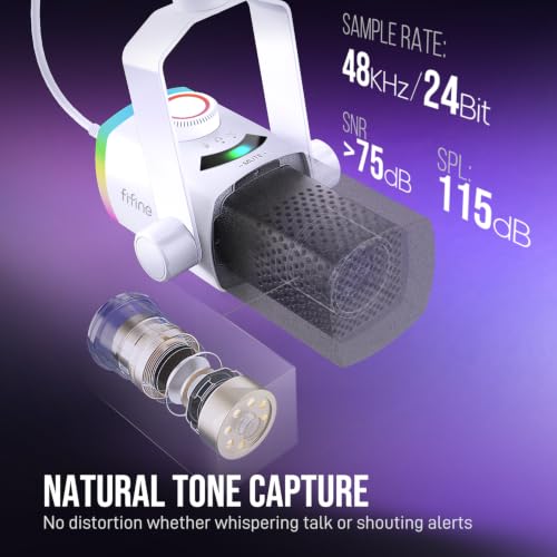FIFINE AM8PROTW Streaming Microphone Kit for Gaming, XLR/USB Dynamic Mic | PC Microphone with RGB Boom Arm Stand, Mute Tap, 3-in-1 Volume Knob, Audio Balance, for Podcast Vocal, White - color: White