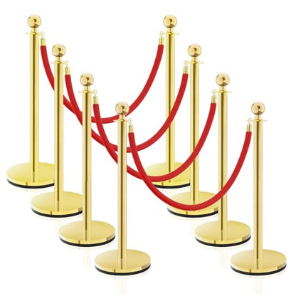 Gold Stainless Steel Stanchions Rope - Crowd Control Barriers with Red Carpet Safety Barrier, Velvet Ropes and Posts & Retractable Belts for Party Theater Weddings, Museums - 8 Pcs - color: Gold, size: 8Pcs