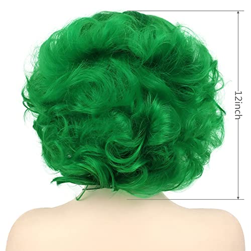 Short Curly Green Wigs For Women Cosplay St Patricks Day Costume Dress Up | Big Layered Wavy Synthetic Hair Halloween Costume Party Drag Queen Dress Up Dark Green Wig with Side Bangs Irish Queen Trendy - color: Green