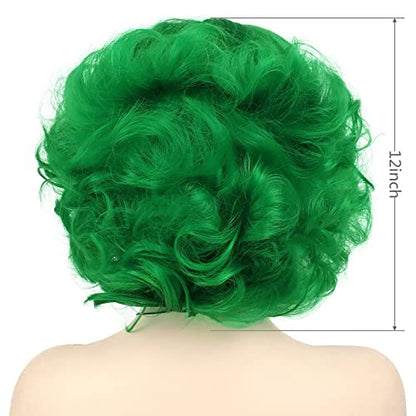 Short Curly Green Wigs For Women Cosplay St Patricks Day Costume Dress Up | Big Layered Wavy Synthetic Hair Halloween Costume Party Drag Queen Dress Up Dark Green Wig with Side Bangs Irish Queen Trendy - color: Green