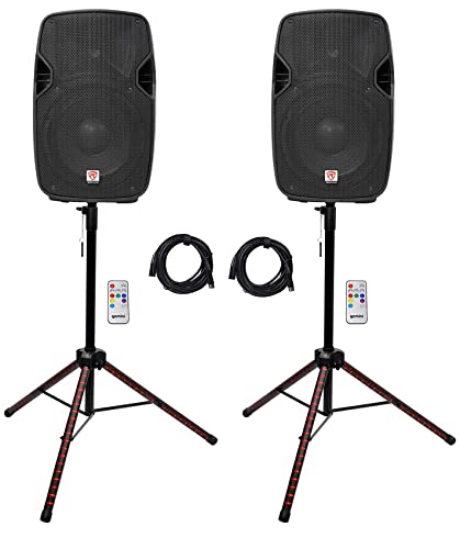 Rockville SPGN104 10" Passive DJ PA Speaker Pair with LED Tripod Stands | 800W Peak / 200W RMS Each, 4 Ohm, RGB Remote, Sound Activated, 2 RCTS1425 25' Speakon Cables, Travel Bag, 6-Items