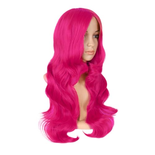 MapofBeauty 24 Inch Long Wavy Side Bangs Party Anime Cosplay Wig, Hot Pink | 60 cm Synthetic Fiber Wig, Women, Charming - color: Hot Pink