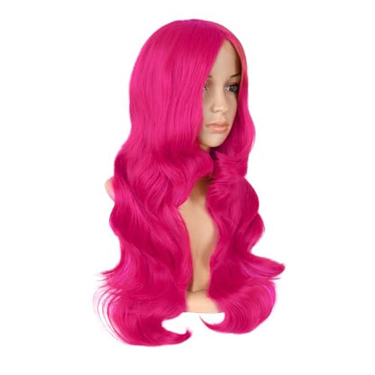 MapofBeauty 24 Inch Long Wavy Side Bangs Party Anime Cosplay Wig, Hot Pink | 60 cm Synthetic Fiber Wig, Women, Charming - color: Hot Pink