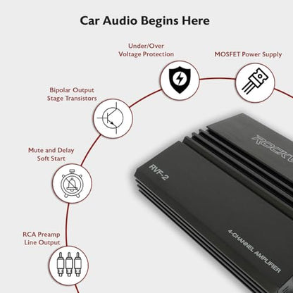 Rockville RVF-2 4-Channel Car Amplifier, 1200W Peak/300W RMS, Class-AB, MOSFET, Adjustable Crossover, Bass EQ, Perfect for Subwoofers and Car Audio | MOSFET Power Supply, Adjustable Crossover, 12dB Bass EQ, IC Protection, Soft Start, 2 Ohm Stable, LP/HP F
