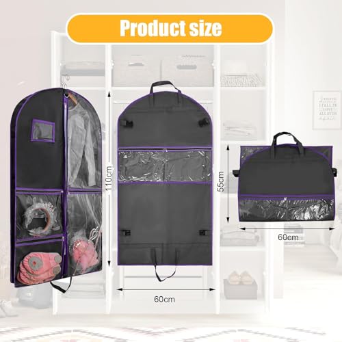 Garment Bags for Travel,Fabric Garment Bag with Pockets,Non-Woven Clothes Dance Costumes Covers And Mens Suit Pocket,40x24x3 Inch Dress Carry Storage,Large Garments Coat Protector (Black,Purple) - color: Black/Purple