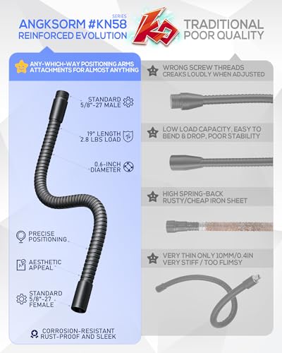19-Inch Flexible Microphone Gooseneck KN58, 5/8-27 Mic Stand Arm | Long heavy-duty flexible extension tubes arm, 5/8-27 male female threads, for extended mic reach on stands, podiums, desks - size: 19-INCH