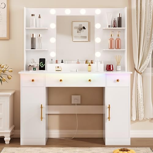 HUANLEGO Vanity Desk with Mirror and Lights, Makeup Vanity with Mirror and LED Lights & Power Outlet, 3 Drawers and Cabinets, 3 Lighting Modes Dressing Table Set for Girls Women Bedroom, White - size: 43.7x15.7x57.6 in, style: White