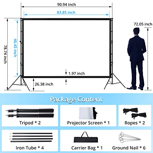 Projector Screen with Stand, Towallmark 100 inch Portable Projection Screen, 16:9 4K HD Rear & Front Projections Movies Screen with Carry Bag, for Indoor Outdoor Home Theater Backyard Camping