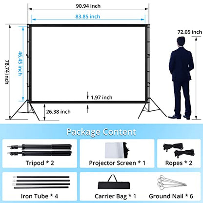 Projector Screen with Stand, Towallmark 100 inch Portable Projection Screen, 16:9 4K HD Rear & Front Projections Movies Screen with Carry Bag, for Indoor Outdoor Home Theater Backyard Camping
