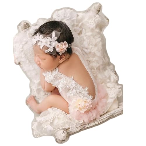 Zeroest Baby Girls Photography Lace Outfits & Props | Newborn Girl Photo Shoot Set with Romper, Headbands, Infant Photoshoot Prop - color: Pale Peach