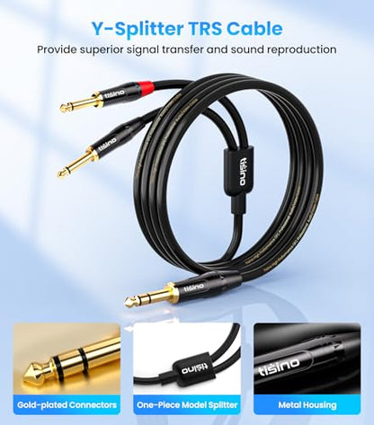 tisino 1/4 inch TRS Stereo to Dual 1/4 inch TS Mono Insert Cable Y-Splitter Stereo Breakout Cable Patch Cord - 6.6 feet | 1/4"（6.35mm） TRS Stereo Jack to Dual 1/4"（6.35mm） TS Mono Y-Splitter Aux Lead for Mixer & Studio, Gold-Plated OFC - size: 6.6 feet