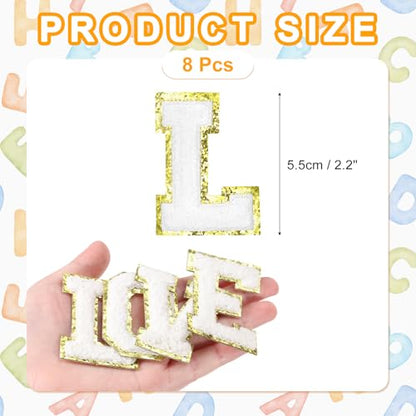 MECCANIXITY Chenille Letter Patches 2.2" Self Adhesive Alphabet L Stick on Embroidered Patch Sew on Letter Stickers Applique for Repairing Clothing Jeans Shoes Hats DIY(White, Pack of 8) - style: Letter L
